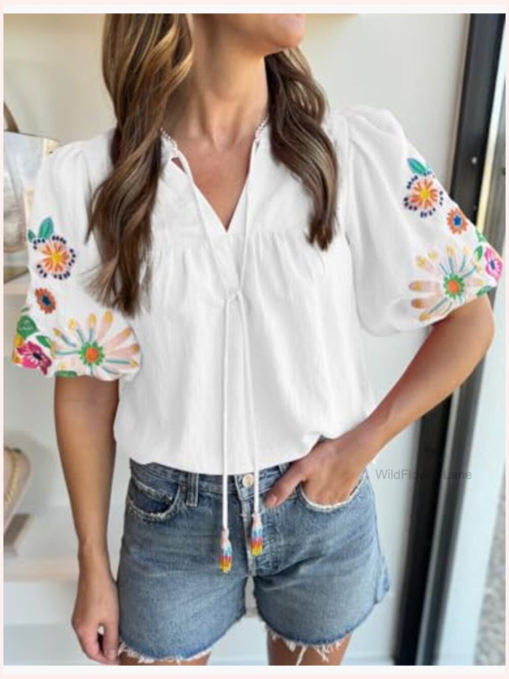 V Neck Boho Short Puff Sleeve Embroidered Blouse Tunic Summer Top - Picture 2 of 3